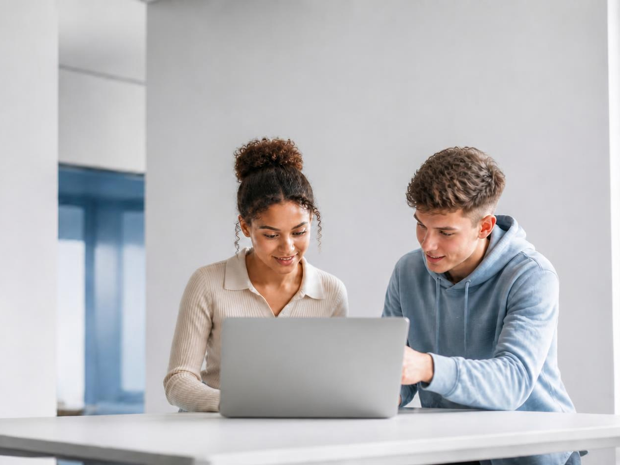 Zwei junge Mitarbeitende arbeiten am Laptop
