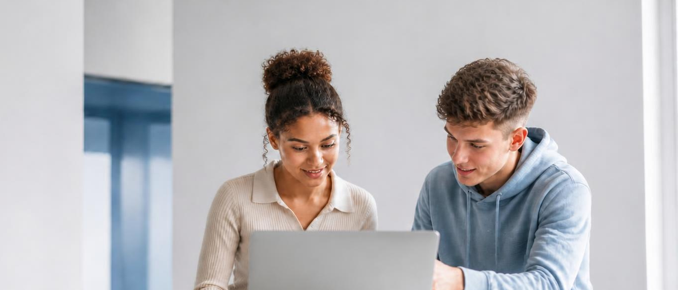 Zwei junge Mitarbeitende arbeiten am Laptop