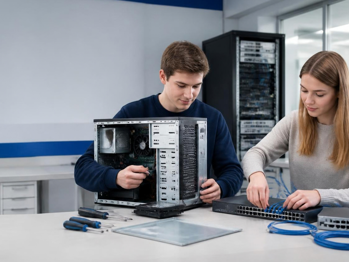 Zwei junge MItarbeitende reparieren Workstation