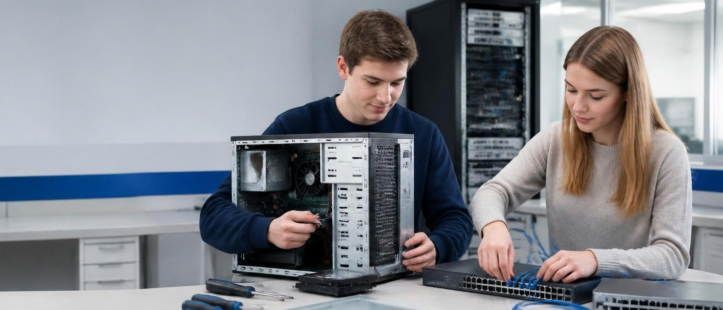 Zwei junge MItarbeitende reparieren Workstation